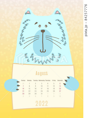 2022 august calendar, cute cat animal holding a monthly calendar sheet, hand drawn childish style. 84257776