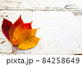 秋、紅葉した落ち葉とシャビーシックなビンテージアンティークの白いテーブル 84258649
