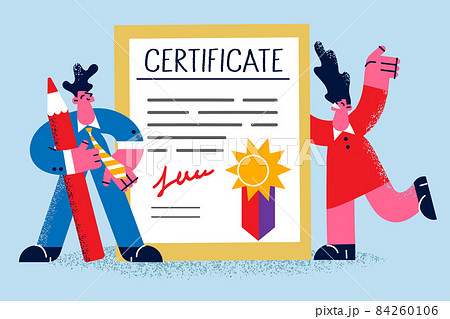 Happy people stand near certificate with seal stamp Happy people stand near certificate with seal stamp 84260106
