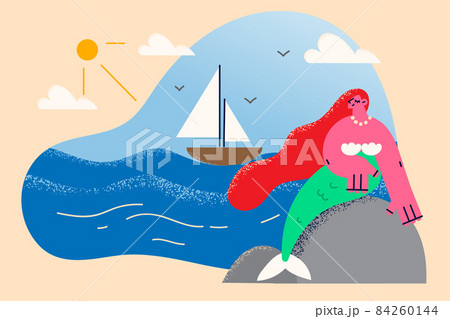 Happy beautiful mermaid sit on stone in sea Happy beautiful mermaid sit on stone in sea 84260144