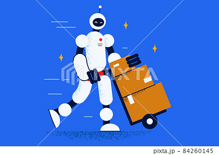 Robot with parcel help deliver package to client Robot with parcel help deliver package to client 84260145