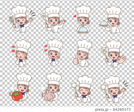 女廚師拿著不同的烹飪工具和各種動作 女廚師拿著不同的烹飪工具和各種動作 84260373