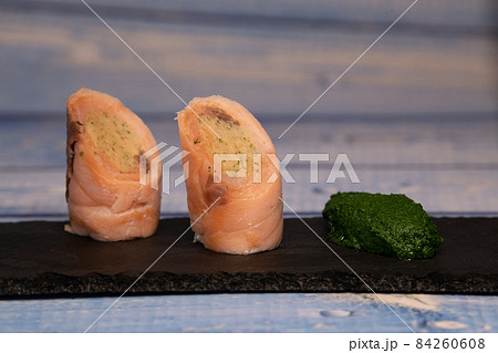 Salmon and smoked salmon ballotine recipe, watercress mash Salmon and smoked salmon ballotine recipe, watercress mash 84260608