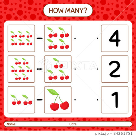 How many counting game with cherry worksheet for preschool kids, kids activity sheet, printable worksheet 84261751