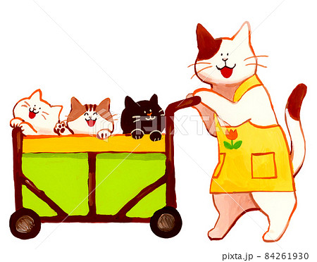 お散歩カーに乗る園児たち ユニークな猫の擬人化イラスト かわいい手描きイラストのイラスト素材