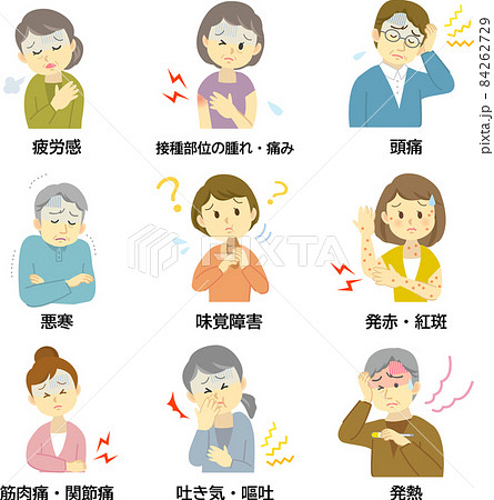 イラスト素材：広い年齢層の人々の新型コロナウイルスワクチン接種後の副反応や後遺症の症状　9セット 84262729