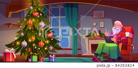 Santa Claus in living room with Christmas tree Santa Claus in living room with Christmas tree 84263824