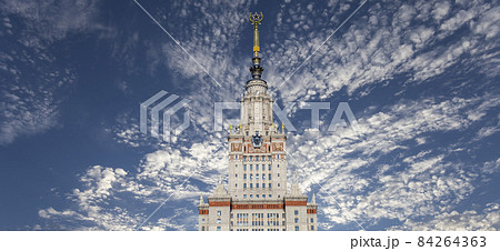 The Main building of Lomonosov Moscow State University on Sparrow Hills (on the background of the sky with clouds). It is the highest-ranking Russian educational institution. Russia 84264363