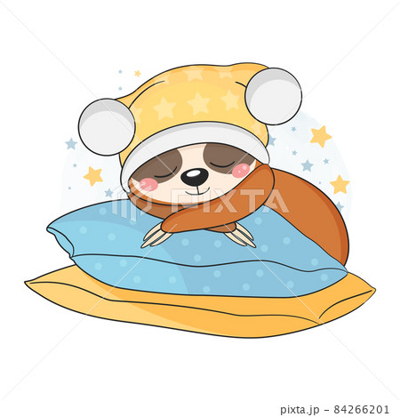 Cute baby sloth sleeping on the pillows.  84266201