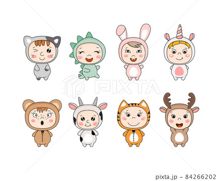 Cute kawaii kids in animal costumes. Cute kawaii kids in animal costumes. 84266202