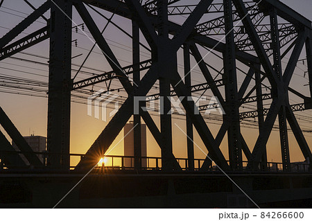 大阪環状線　岩崎運河橋梁　夕暮れ　シルエット 84266600