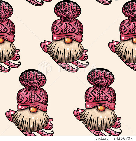 Seamless pattern illustration of a gnome with a beard in a hat. New year and christmas symbol on a 84266707