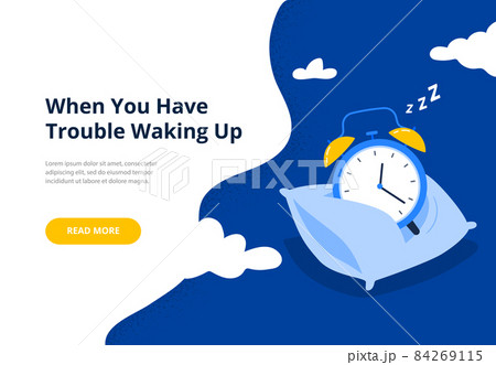 How to wake up in the morning. A concept with a sleeping alarm clock. Trendy vector flat illustration for banners, landing pages. How to wake up in the morning. A concept with a sleeping alarm clock. Trendy vector flat illustration for banners, landing pages. 84269115