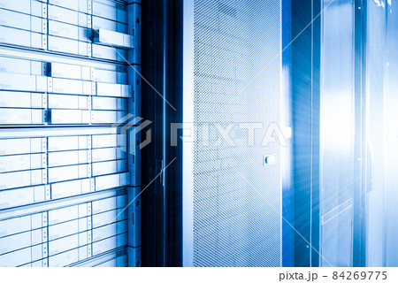 cabinet with sas hard drives in data center with light rays 84269775