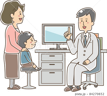 子供の問診をする医師と家族のイラスト素材