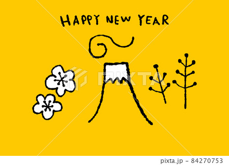 富士山と花とHappyNewYear_黄色背景_横 84270753