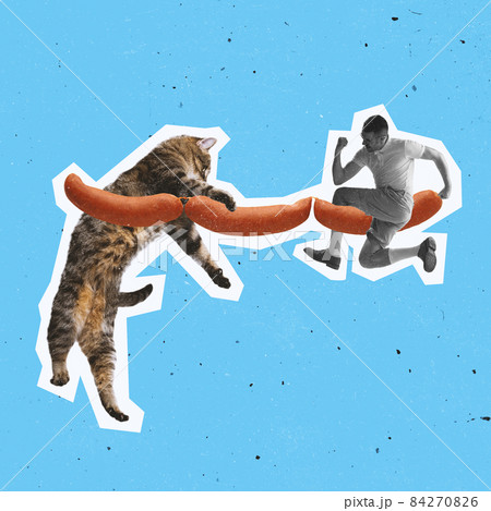 Contemporary art collage, modern design. Retro style. Minimalism. Huge domestic cat and tiny man fighting for sausages. Surrealism 84270826