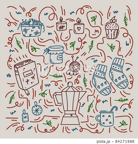 The Scandinavian homeyness pattern. A poster with autumn and winter cozy elements. Postcard of holiday backgrounds of hugge. Scandinavian Danish style. The Scandinavian homeyness pattern. A poster with autumn and winter cozy elements. Postcard of holiday backgrounds of hugge. Scandinavian Danish style. 84271986