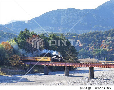 静岡県　大井川第四橋梁の紅葉とSL　11月 84273105