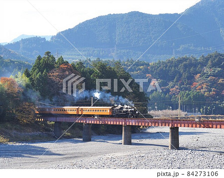 静岡県　大井川第四橋梁の紅葉とSL　11月 84273106