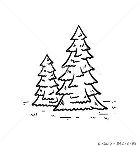 Christmas trees in forest. Two trees in engraving style. Hand drawn outline cartoon Christmas trees in forest. Two trees in engraving style. Hand drawn outline cartoon 84273798