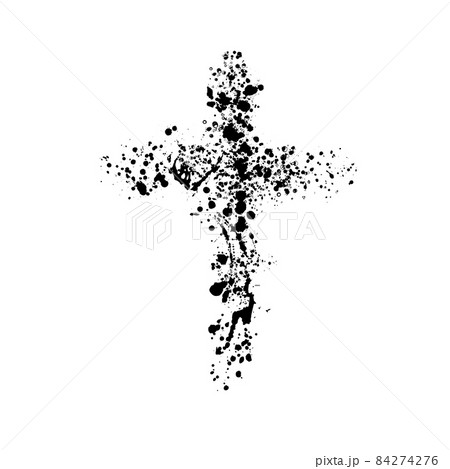 Hand drawn black grunge cross icon, simple Christian cross sign, hand-painted cross symbol created with real ink brush isolated on white background. 84274276