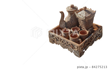 wooden teapot and cups on white background, object, retro, fashion, nature, copy space 84275213