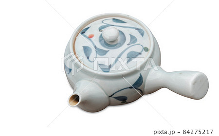 top view old white teapot on white background, object, kitchen, vintage, copy space 84275217
