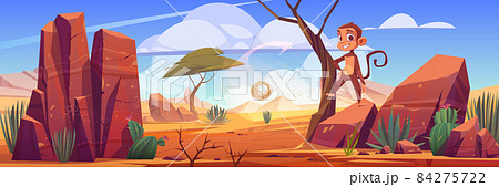 Desert landscape with rocks, cactuses and monkey 84275722