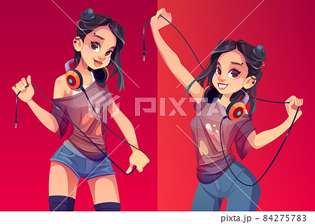 Dj girl in headphones modern clothes and hairstyle 84275783