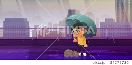 Boy under umbrella with homeless cat in fall rain Boy under umbrella with homeless cat in fall rain 84275786