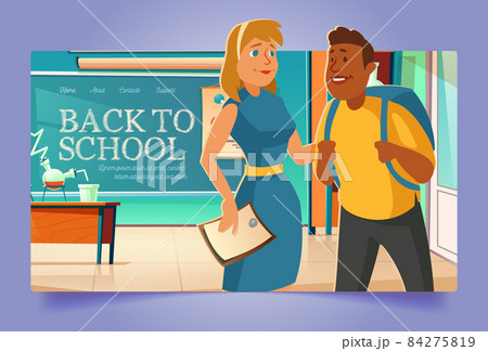 Back to school cartoon landing page with students. 84275819
