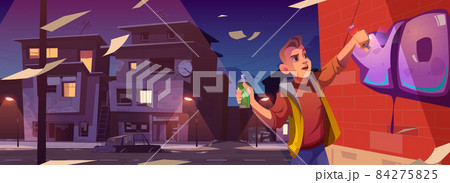 Graffiti painter in night ghetto cartoon banner Graffiti painter in night ghetto cartoon banner 84275825