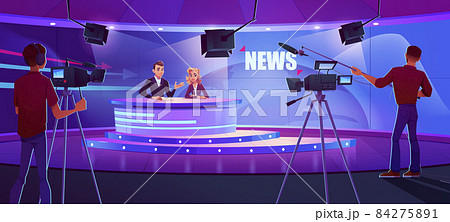 Tv presenters broadcasting news in modern studio 84275891