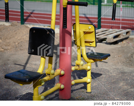 sports equipment in a public park without people, an empty playground during a pandemic and epidemic. Lockdown time 84279300
