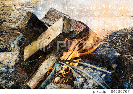Burning logs in the fire. A camp fire in close-up. 84280707