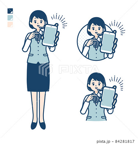 インカムをつけたビジネス女性がスマートフォンを差し出しているイラストのイラスト素材