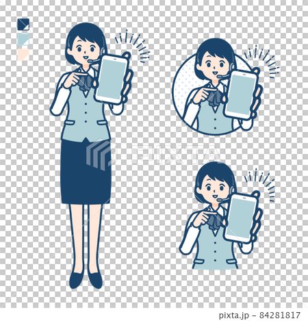 インカムをつけたビジネス女性がスマートフォンを差し出しているイラスト 84281817