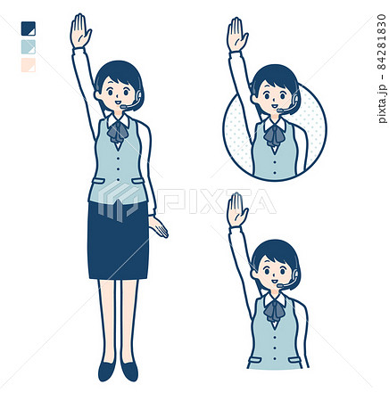 インカムをつけたビジネス女性が手を挙げているイラスト インカムをつけたビジネス女性が手を挙げているイラスト 84281830