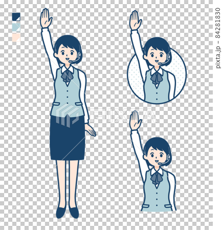 インカムをつけたビジネス女性が手を挙げているイラスト インカムをつけたビジネス女性が手を挙げているイラスト 84281830