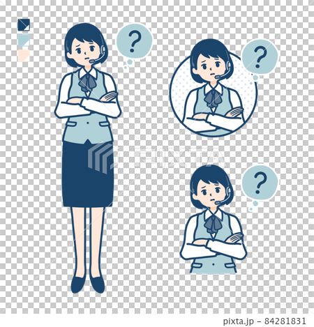 インカムをつけたビジネス女性が疑問を感じているイラスト インカムをつけたビジネス女性が疑問を感じているイラスト 84281831