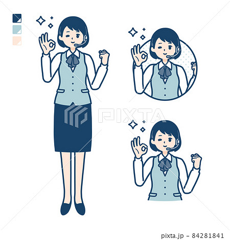 インカムをつけたビジネス女性が挨拶をしているイラストのイラスト素材