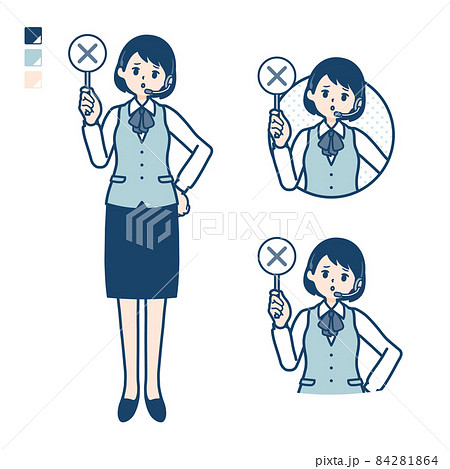 インカムをつけたビジネス女性がバツ印パネルを出すイラストのイラスト素材