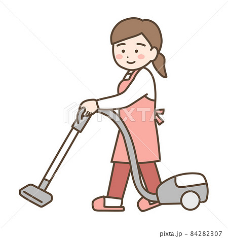 掃除機をかけるお母さんのイラスト素材