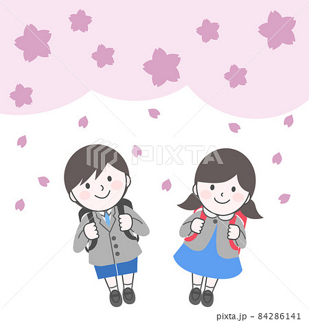 桜を見上げるランドセルを背負った男の子と女の子のイラスト素材