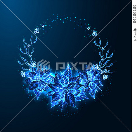 Christmas festive abstract wreath with glowing poinsettia and mistletoe botanicals on dark blue 84286189