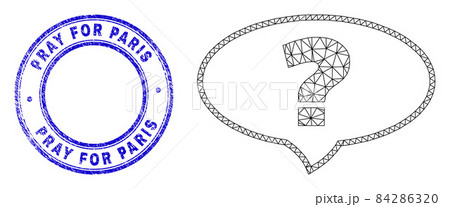 Blue Distress Pray for Paris Stamp Seal and Web Carcass Question Banner Icon 84286320