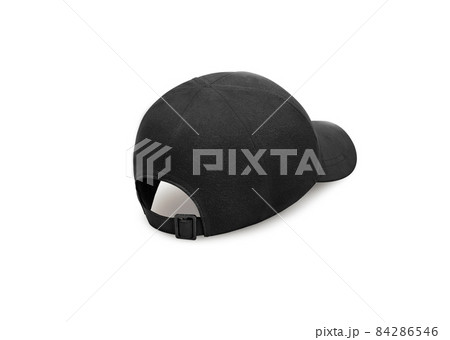 Black baseball cap isolated on white background. Baseball cap in angles view front and back. Canvas fabric cap for premium gift design. 84286546