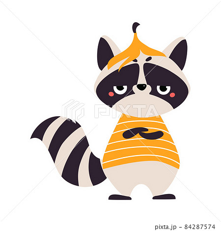 Cute Raccoon Character with Ringed Tail Wearing Striped Sweatshirt with Banana Peel on Its Head Vector Illustration 84287574