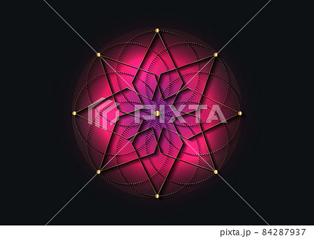Gold Sacred Geometry, eight pointed star. Logo icon  Geometric mystic mandala of alchemy esoteric Seed of life. Vector concentric circles divine meditative amulet isolated on purple background 84287937